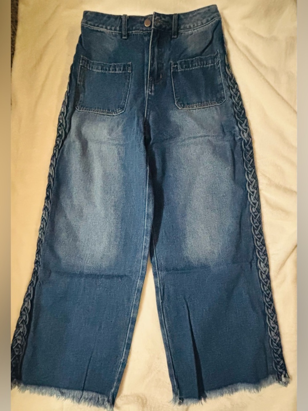 Women’s Blue Denim Wide-Leg Jeans with Braided Side Trim